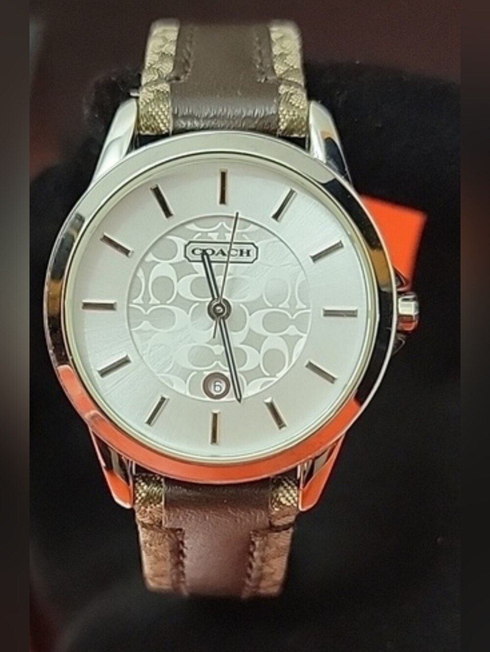 NWOT Coach Vintage Silver Watch with Dark Brown LTR and Signature C Canvas Strap
